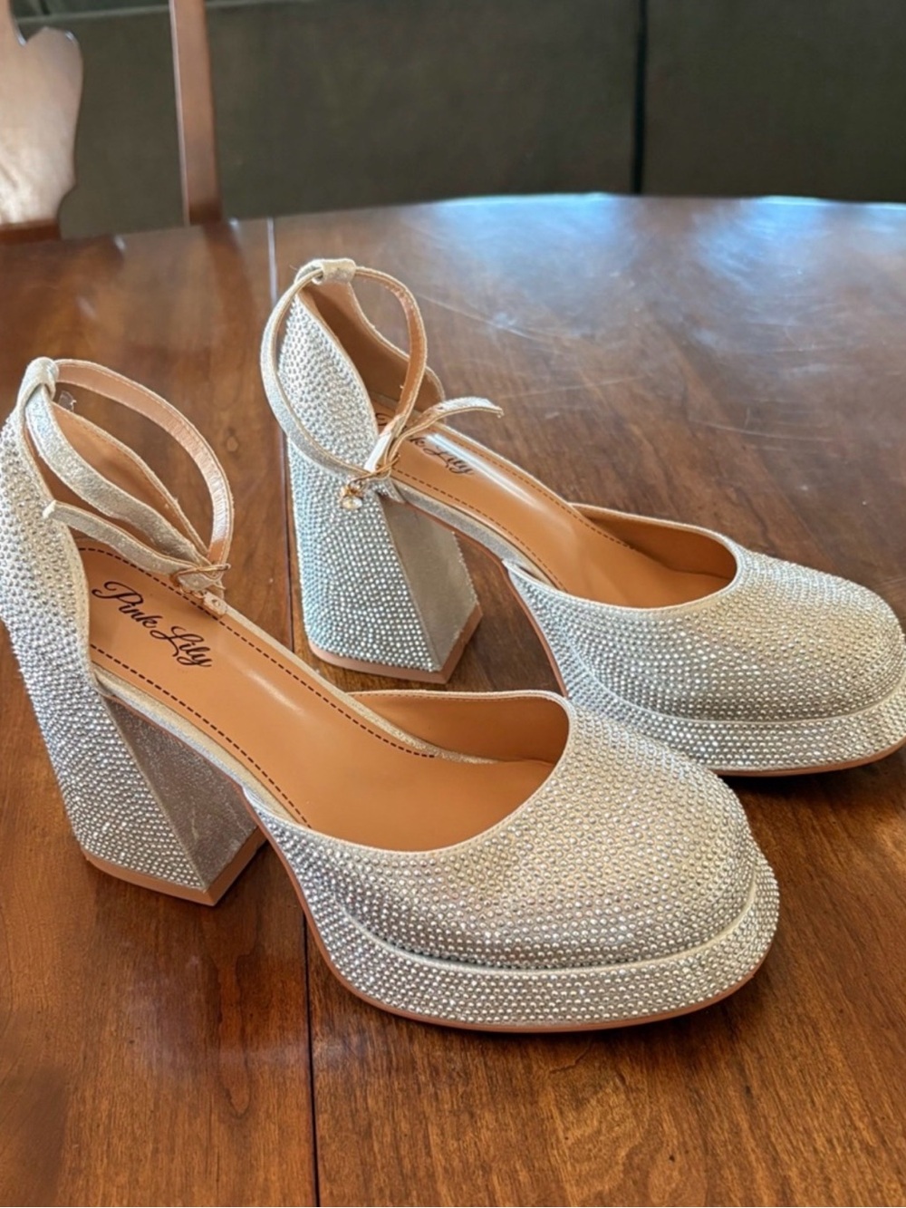 Pink Lily Champagne Crystal Platform Block Heels